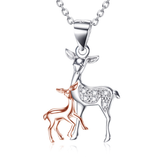 Sterling Silver Two-tone Circular Shaped Cubic Zirconia Elk Pendant Necklace-5