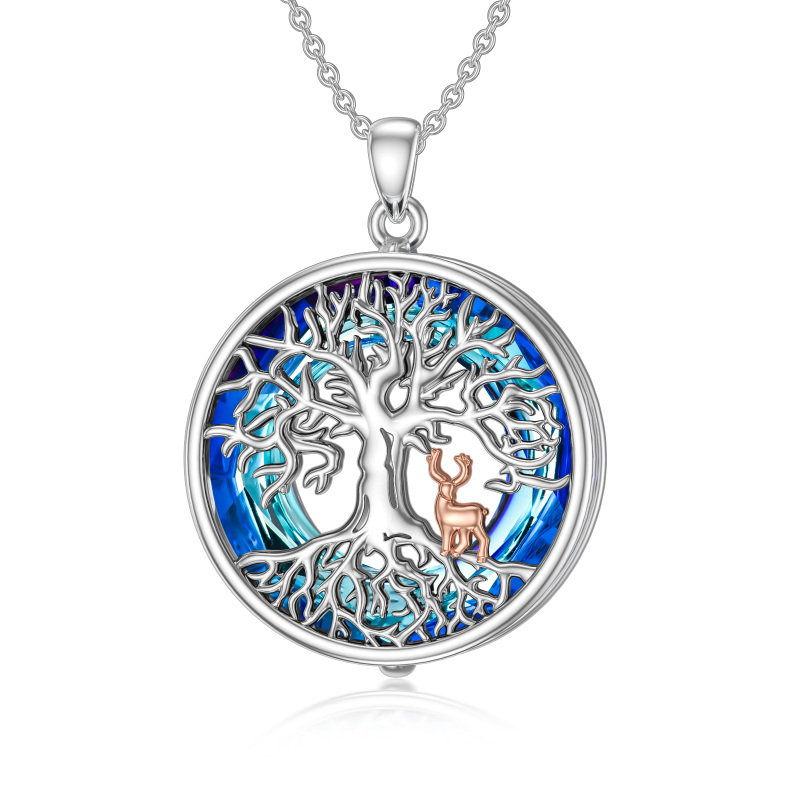 Sterling Silver Two-tone Circular Shaped Elk & Tree Of Life Crystal Pendant Necklace