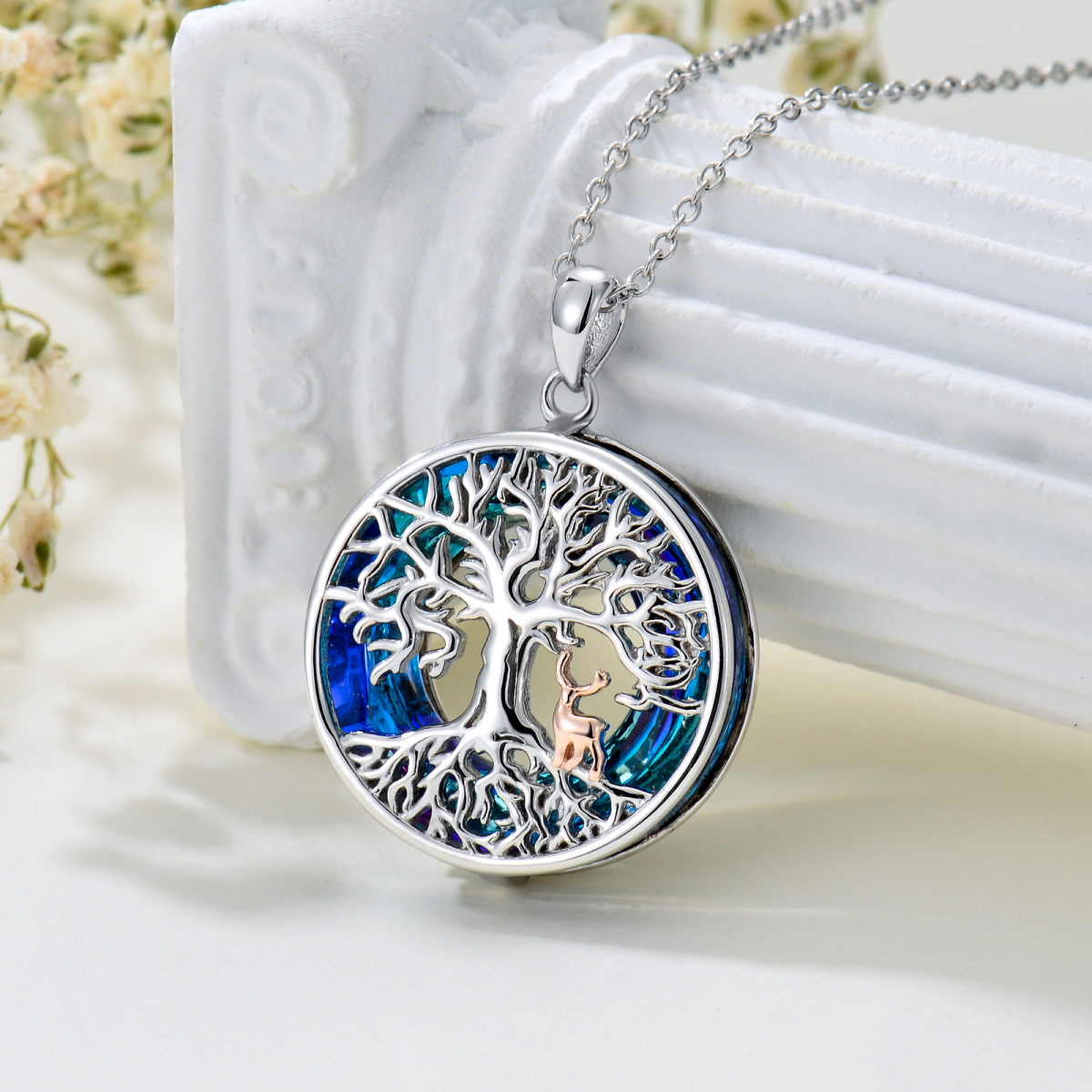 Sterling Silver Two-tone Circular Shaped Elk & Tree Of Life Crystal Pendant Necklace-3