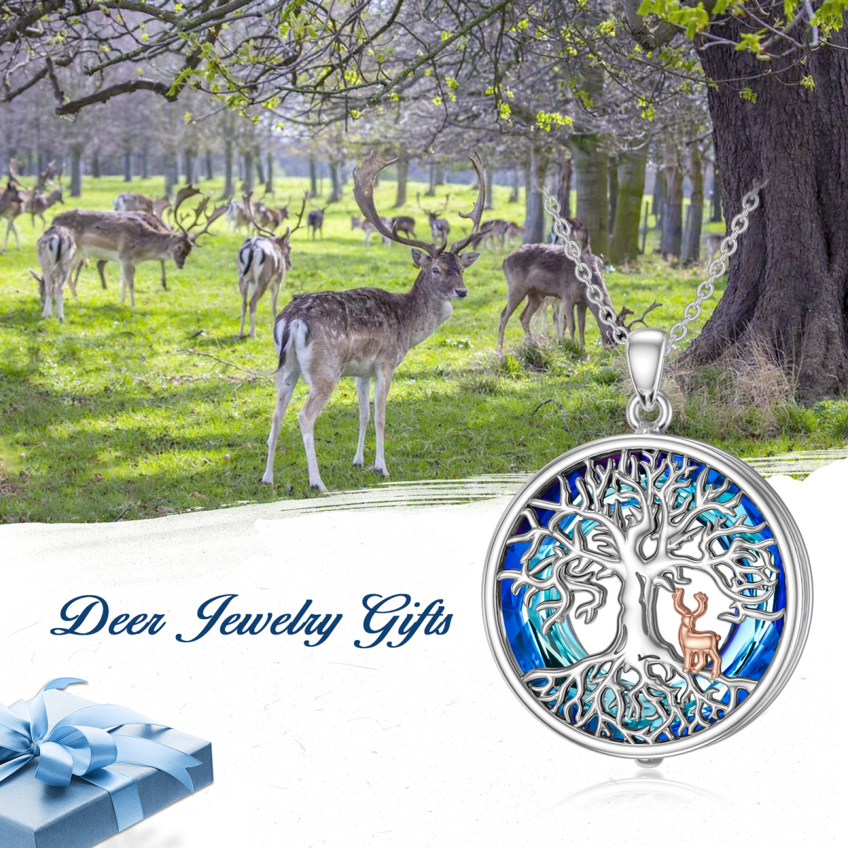 Sterling Silver Two-tone Circular Shaped Elk & Tree Of Life Crystal Pendant Necklace-6