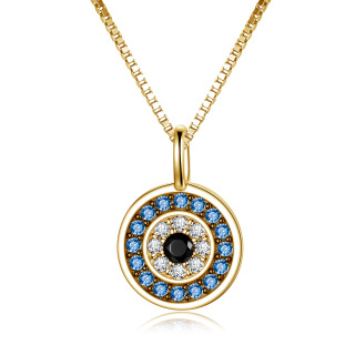 Sterling Silver Two-tone Circular Shaped Cubic Zirconia Evil Eye Pendant Necklace-4