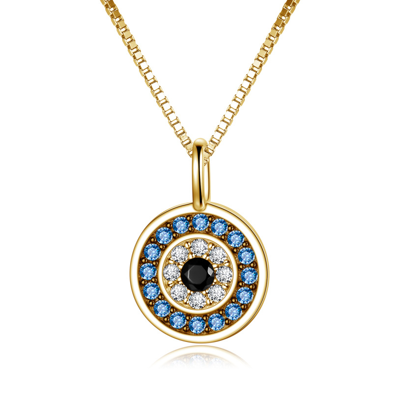 Sterling Silver Two-tone Circular Shaped Cubic Zirconia Evil Eye Pendant Necklace-11