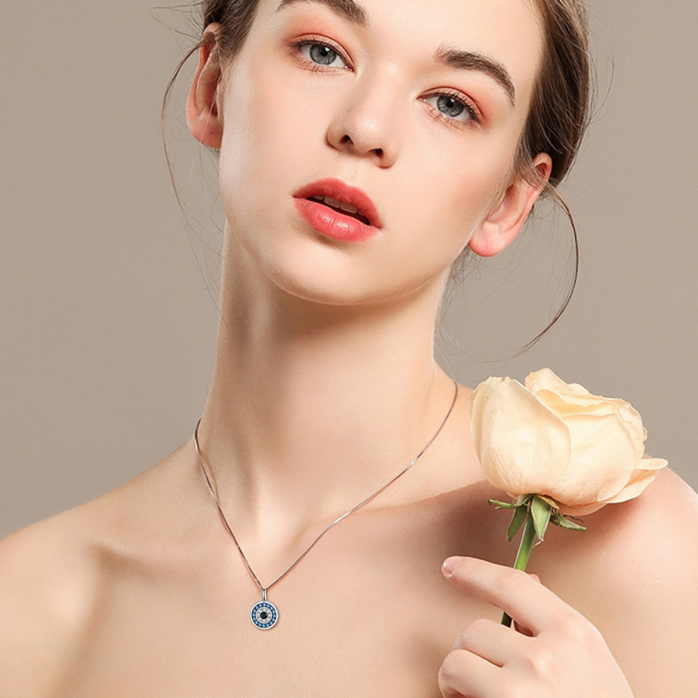 Sterling Silver Two-tone Circular Shaped Cubic Zirconia Evil Eye Pendant Necklace-2