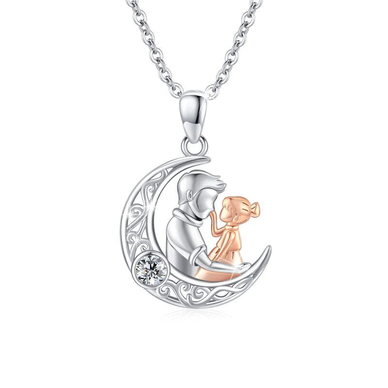 Sterling Silver Two-Tone Circular Cubic Zirconia Father & Daughter Celtic Knot Witj Moon Pendant Necklace For Women-15