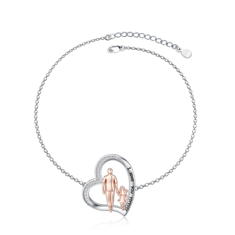 Bracelet en argent sterling bicolore avec pendentif en forme de coeur en zircon cubique pour père et fille avec mot gravé