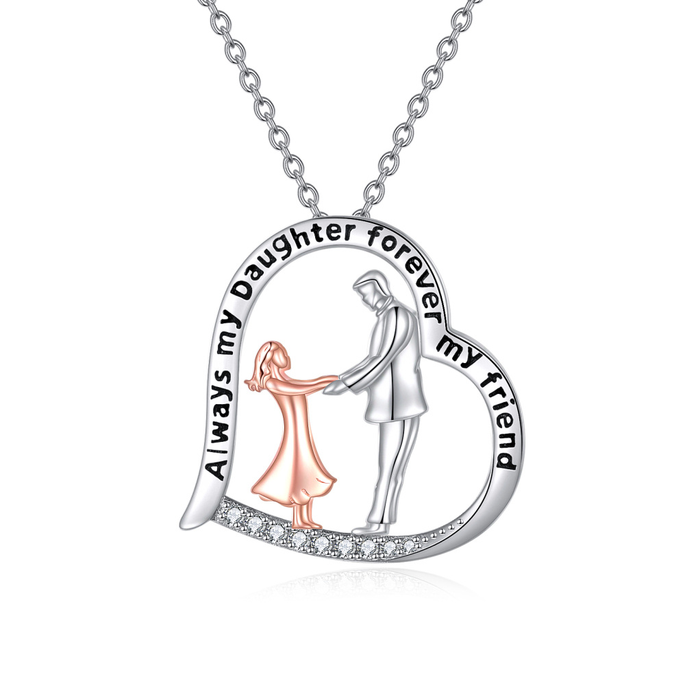 Sterling Silver Two-Tone Circular Cubic Zirconia Father With Daughter Heart Pendant Necklace With Engraved Word For Women-1