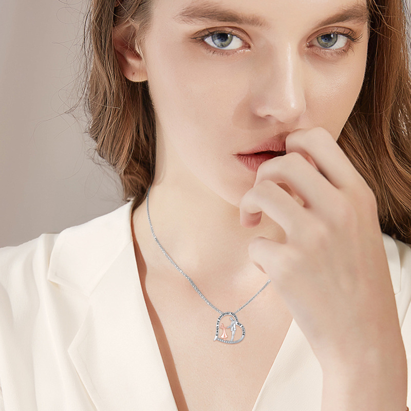 Sterling Silver Two-Tone Circular Cubic Zirconia Father With Daughter Heart Pendant Necklace With Engraved Word For Women-2