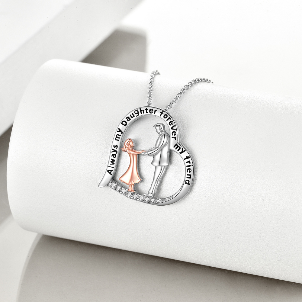 Sterling Silver Two-Tone Circular Cubic Zirconia Father With Daughter Heart Pendant Necklace With Engraved Word For Women-3