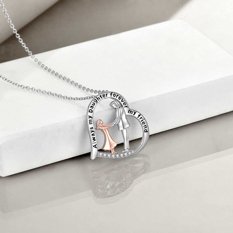 Sterling Silver Two-Tone Circular Cubic Zirconia Father With Daughter Heart Pendant Necklace With Engraved Word For Women-4