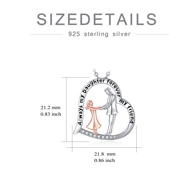 Sterling Silver Two-Tone Circular Cubic Zirconia Father With Daughter Heart Pendant Necklace With Engraved Word For Women-5