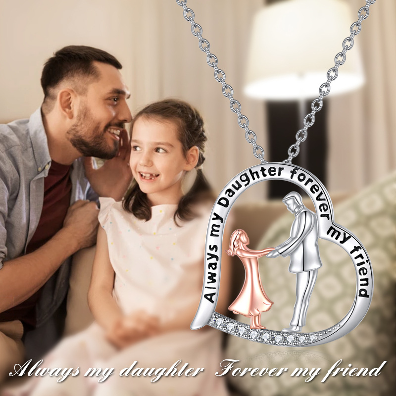 Sterling Silver Two-Tone Circular Cubic Zirconia Father With Daughter Heart Pendant Necklace With Engraved Word For Women-6