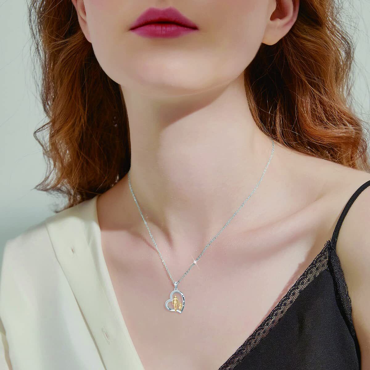 Sterling Silver Two-tone Circular Shaped Cubic Zirconia Father & Daughter & Heart Pendant Necklace with Engraved Word-2