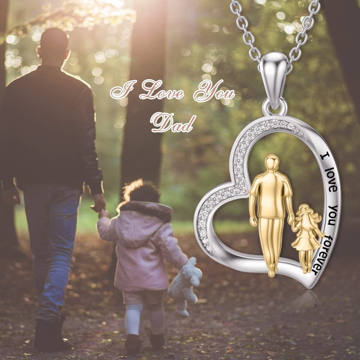 Sterling Silver Two-tone Circular Shaped Cubic Zirconia Father & Daughter & Heart Pendant Necklace with Engraved Word-3