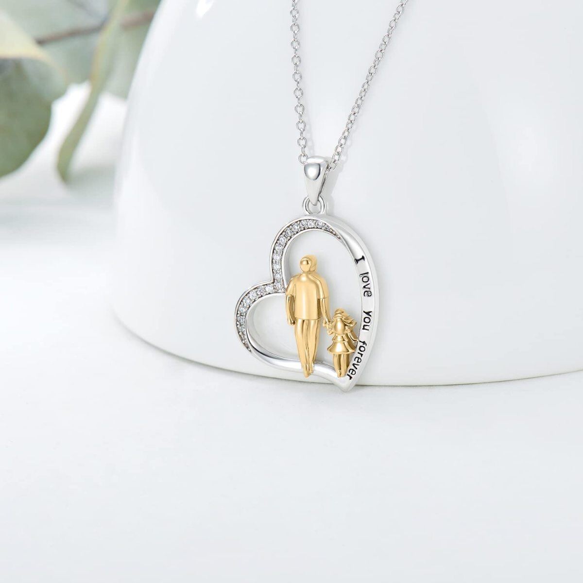 Sterling Silver Two-tone Circular Shaped Cubic Zirconia Father & Daughter & Heart Pendant Necklace with Engraved Word-4