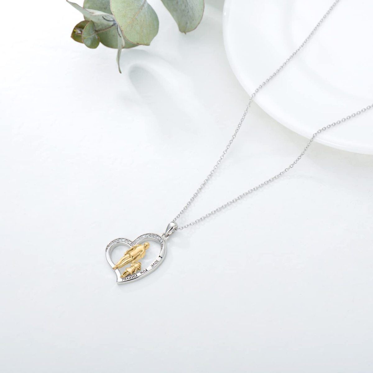 Sterling Silver Two-tone Circular Shaped Cubic Zirconia Father & Daughter & Heart Pendant Necklace with Engraved Word-5