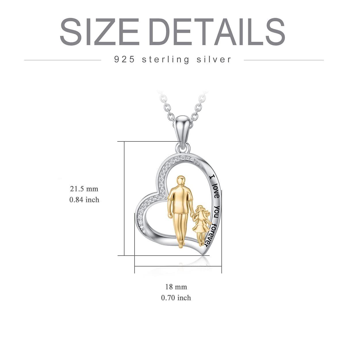 Sterling Silver Two-tone Circular Shaped Cubic Zirconia Father & Daughter & Heart Pendant Necklace with Engraved Word-6
