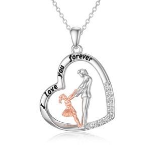 Sterling Silver Two-tone Circular Shaped Cubic Zirconia Father & Daughter Pendant Necklace with Engraved Word-29