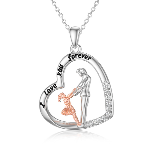 Sterling zilveren tweekleurige cirkelvormige cubic zirconia vader & dochter hanger ketting met gegraveerd woord