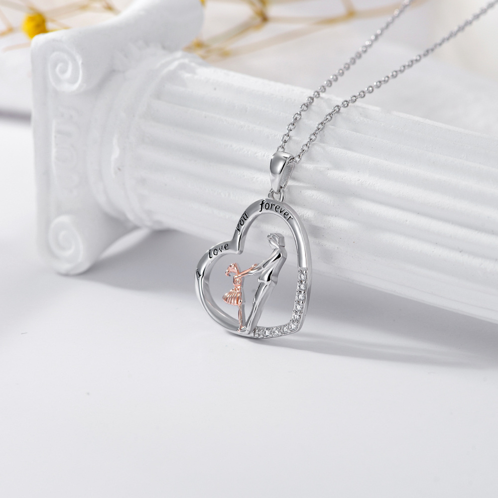 Sterling Silver Two-tone Circular Shaped Cubic Zirconia Father & Daughter Pendant Necklace with Engraved Word-3