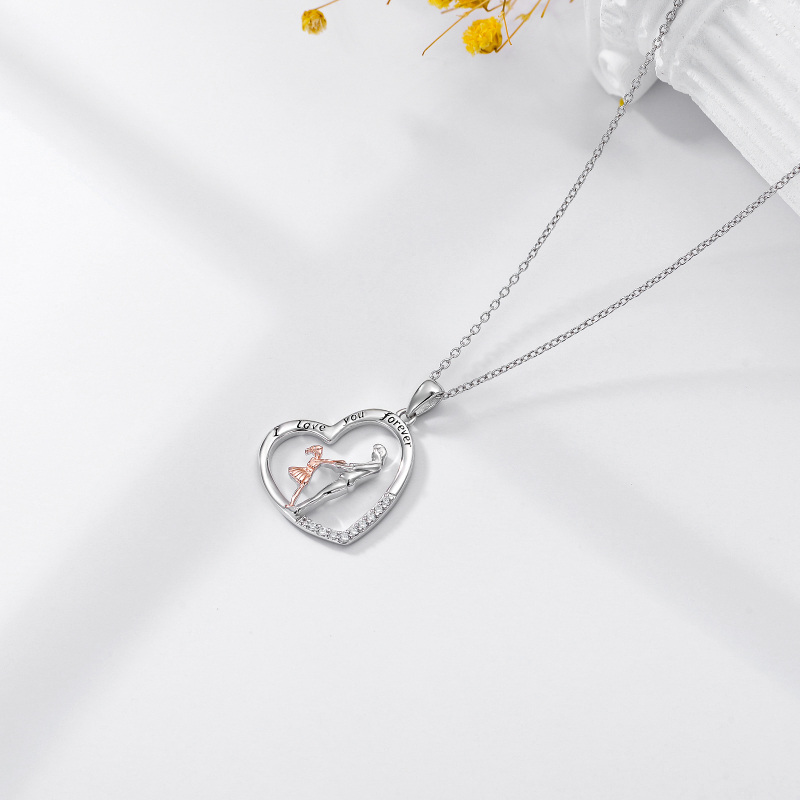 Sterling Silver Two-tone Circular Shaped Cubic Zirconia Father & Daughter Pendant Necklace with Engraved Word-4