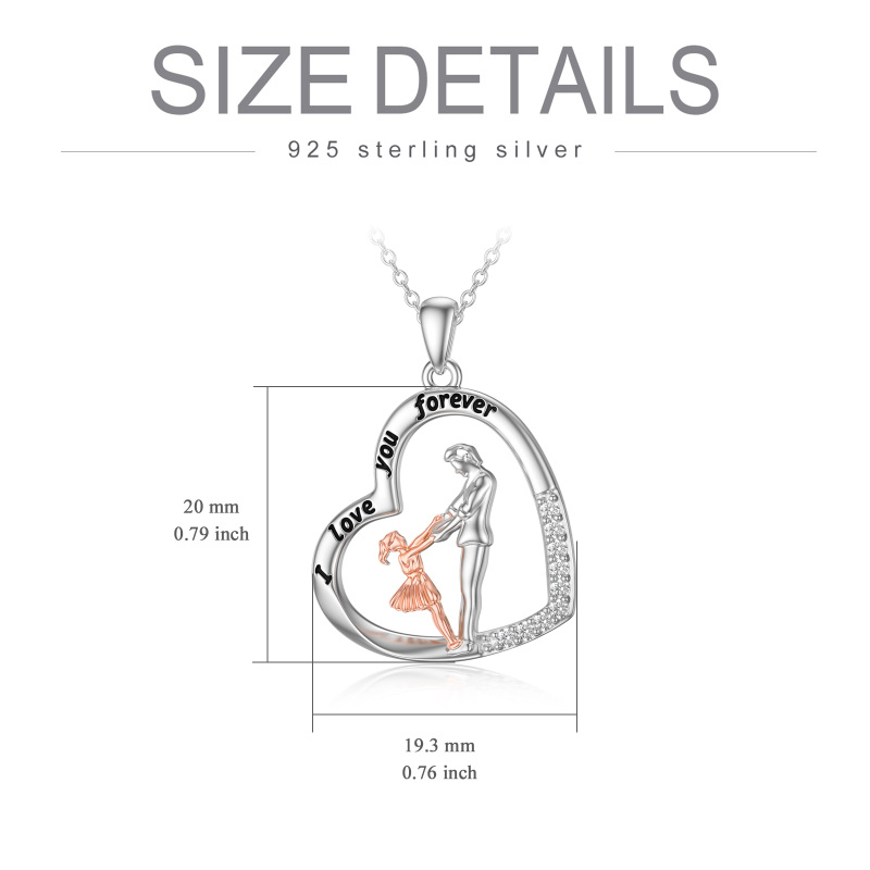 Sterling Silver Two-tone Circular Shaped Cubic Zirconia Father & Daughter Pendant Necklace with Engraved Word-5