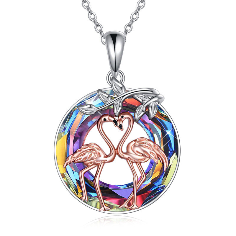 Sterling Silver Two-tone Circular Shaped Flamingo Crystal Pendant Necklace-5