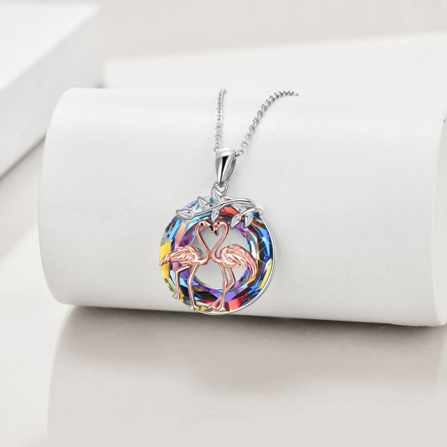 Sterling Silver Two-tone Circular Shaped Flamingo Crystal Pendant Necklace-3