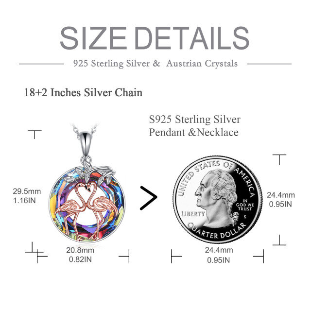 Sterling Silver Two-tone Circular Shaped Flamingo Crystal Pendant Necklace-6