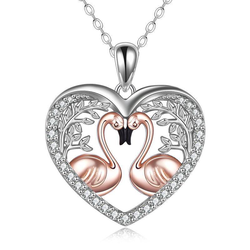 Sterling Silver Two-tone Circular Shaped Cubic Zirconia Flamingo & Leaves Pendant Necklace-1