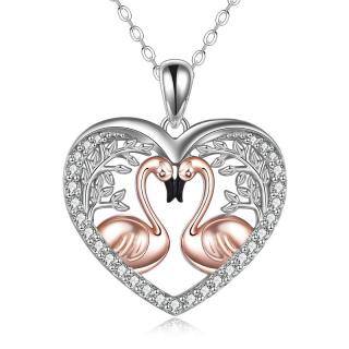 Sterling Silver Two-tone Circular Shaped Cubic Zirconia Flamingo & Leaves Pendant Necklace-42