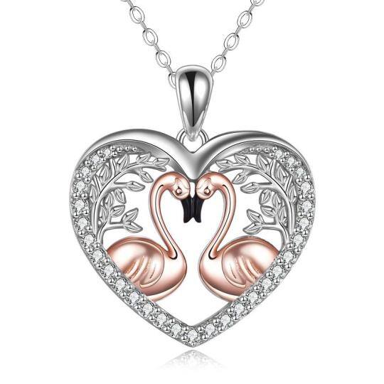 Sterling Silver Two-tone Circular Shaped Cubic Zirconia Flamingo & Leaves Pendant Necklace