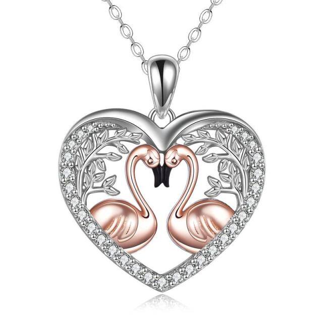 Sterling Silver Two-tone Circular Shaped Cubic Zirconia Flamingo & Leaves Pendant Necklace-1