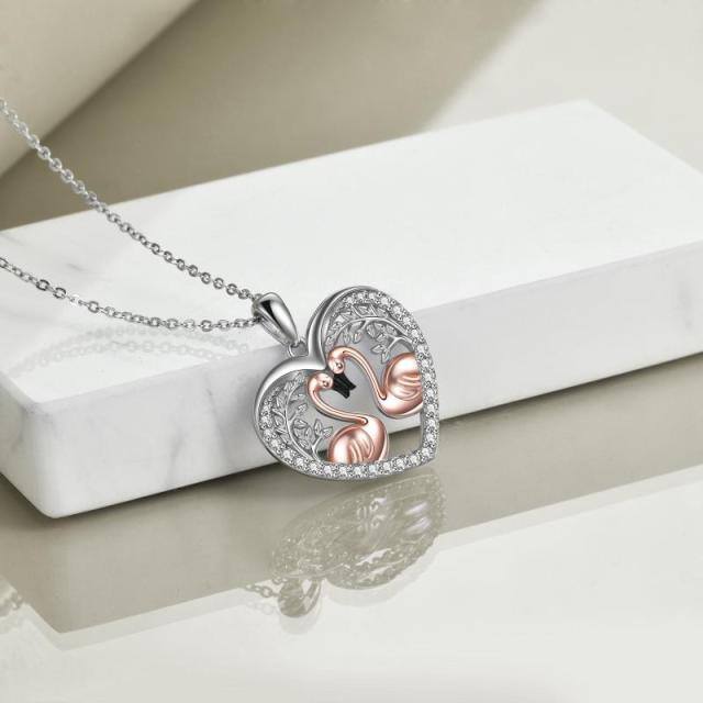 Sterling Silver Two-tone Circular Shaped Cubic Zirconia Flamingo & Leaves Pendant Necklace-3