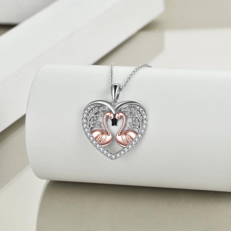 Sterling zilveren tweekleurige cirkelvormige kubieke zirkonia flamingo en bladeren hanger ketting-4