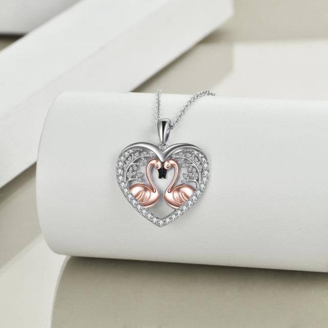 Sterling Silver Two-tone Circular Shaped Cubic Zirconia Flamingo & Leaves Pendant Necklace-4