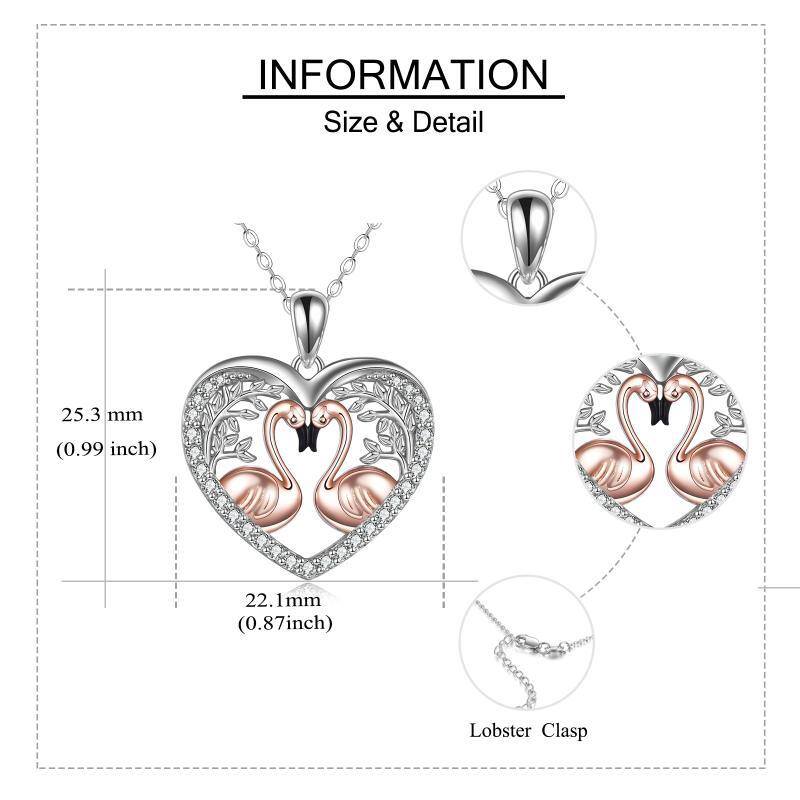 Sterling Silver Two-tone Circular Shaped Cubic Zirconia Flamingo & Leaves Pendant Necklace-5