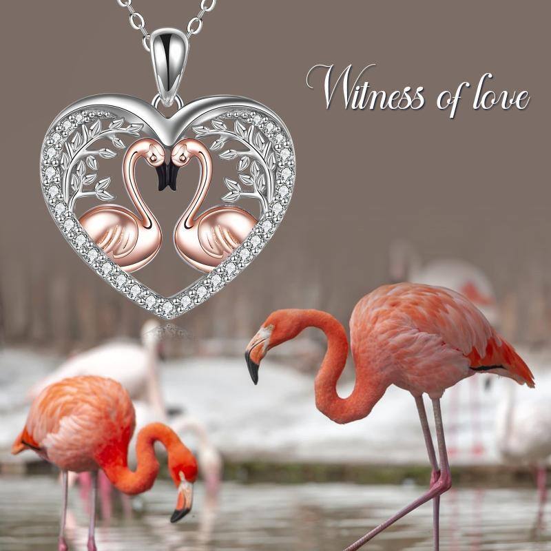 Sterling zilveren tweekleurige cirkelvormige kubieke zirkonia flamingo en bladeren hanger ketting-6