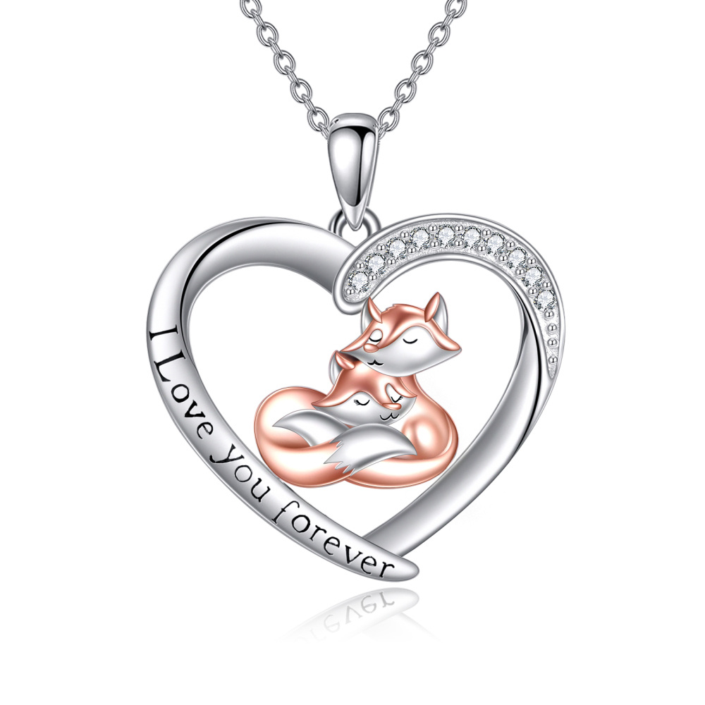 Sterling Silver Two-tone Circular Shaped Cubic Zirconia Fox & Heart Pendant Necklace with Engraved Word-1