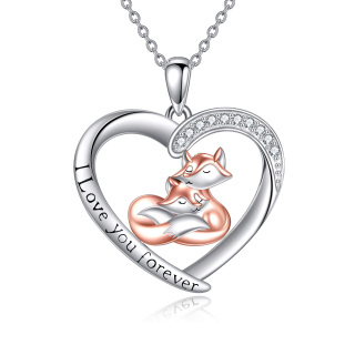 Sterling Silver Two-tone Circular Shaped Cubic Zirconia Fox & Heart Pendant Necklace with Engraved Word-3