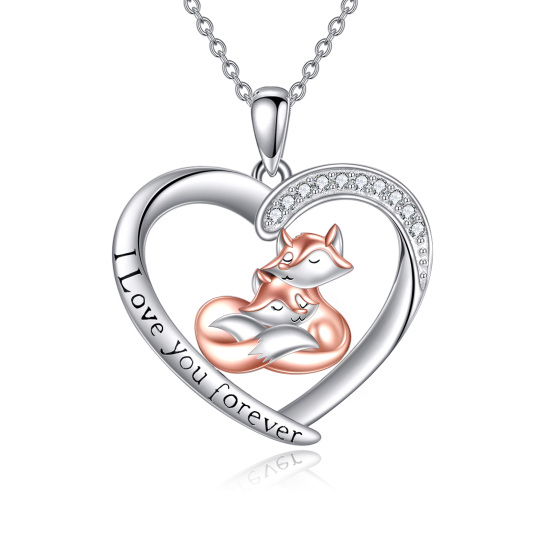 Sterling Silver Two-tone Circular Shaped Cubic Zirconia Fox & Heart Pendant Necklace with Engraved Word