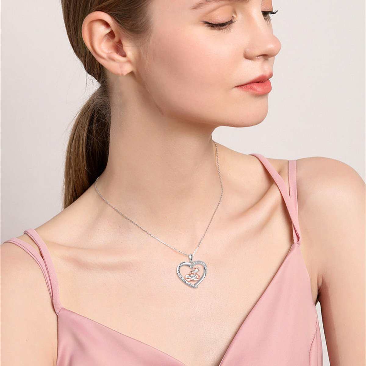 Sterling Silver Two-tone Circular Shaped Cubic Zirconia Fox & Heart Pendant Necklace with Engraved Word-2