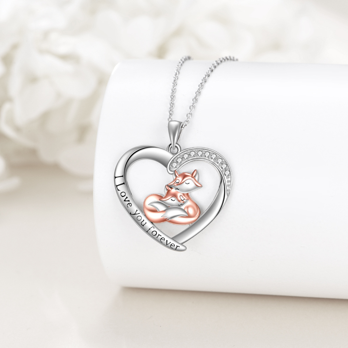 Sterling Silver Two-tone Circular Shaped Cubic Zirconia Fox & Heart Pendant Necklace with Engraved Word-3