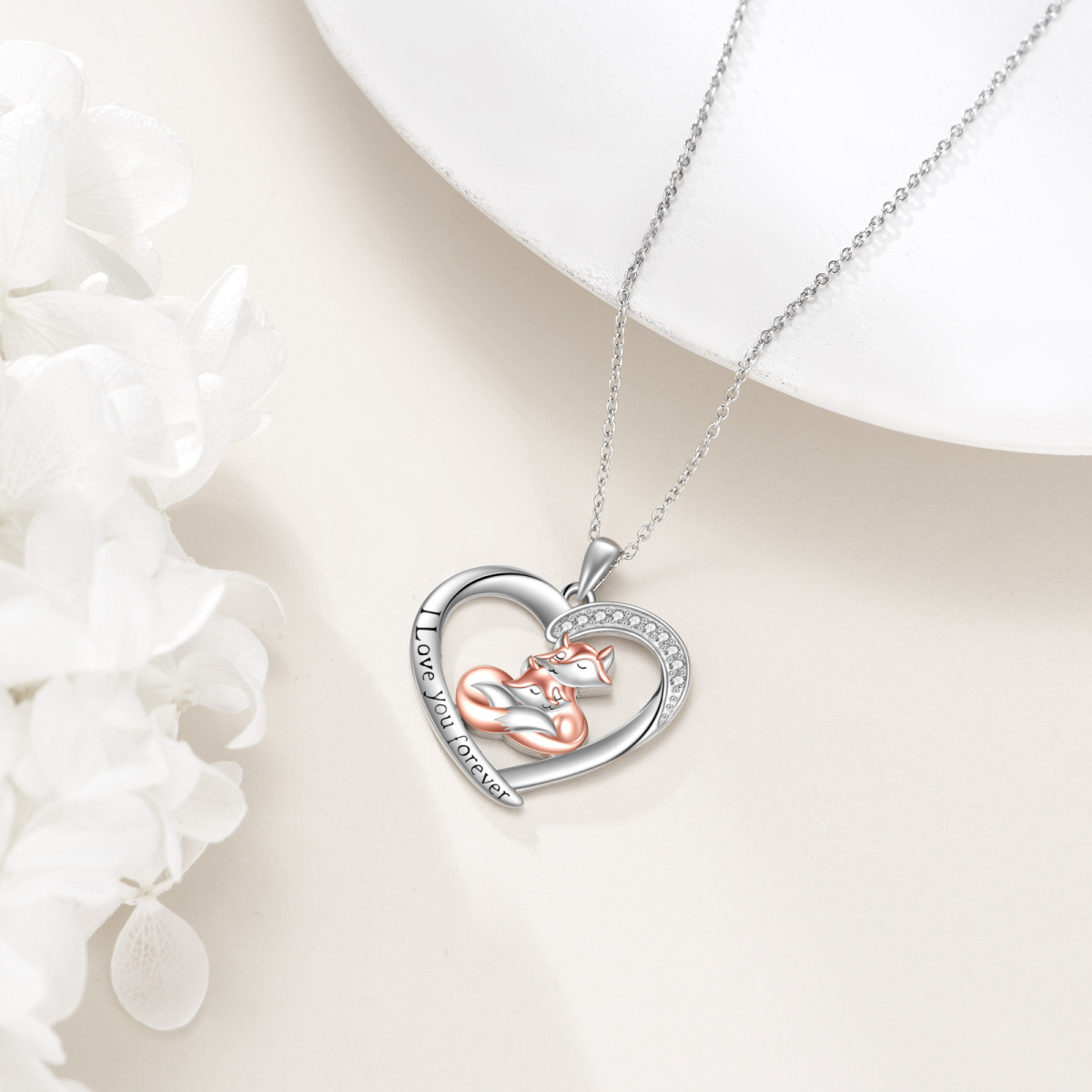 Sterling Silver Two-tone Circular Shaped Cubic Zirconia Fox & Heart Pendant Necklace with Engraved Word-4