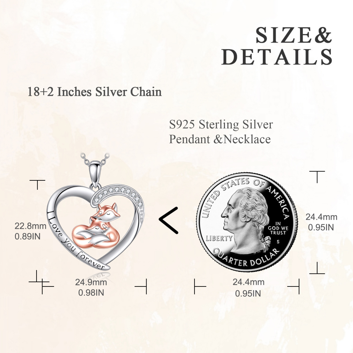 Sterling zilveren tweekleurige cirkelvormige cubic zirconia vos & hart hanger ketting met gegraveerd woord-5