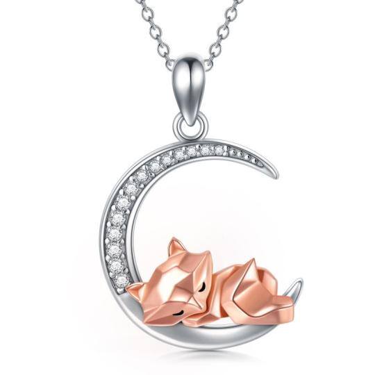 Sterling Silver Two-tone Circular Shaped Cubic Zirconia Fox Pendant Necklace