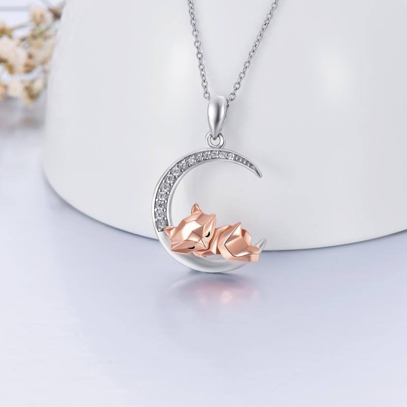 Sterling Silver Two-tone Circular Shaped Cubic Zirconia Fox Pendant Necklace-3