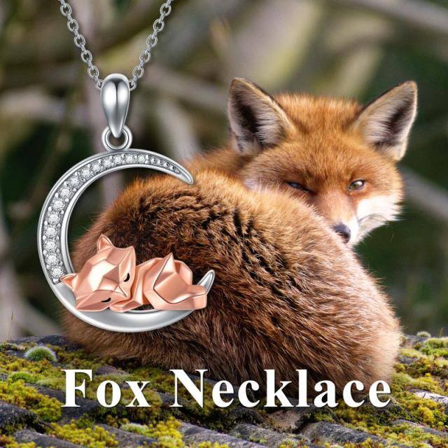 Sterling Silver Two-tone Circular Shaped Cubic Zirconia Fox Pendant Necklace-6