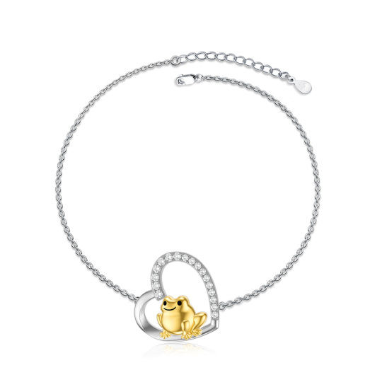 Bracelet en argent sterling bicolore avec pendentif grenouille et coeur en zircon cubique