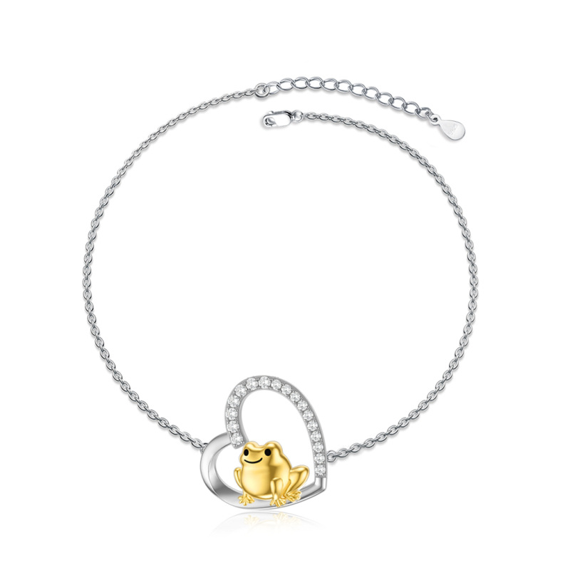 Sterling Silver Two-tone Circular Shaped Cubic Zirconia Frog & Heart Pendant Bracelet-14