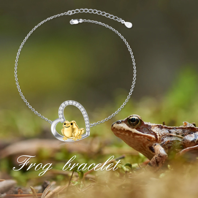 Sterling Silver Two-tone Circular Shaped Cubic Zirconia Frog & Heart Pendant Bracelet-4